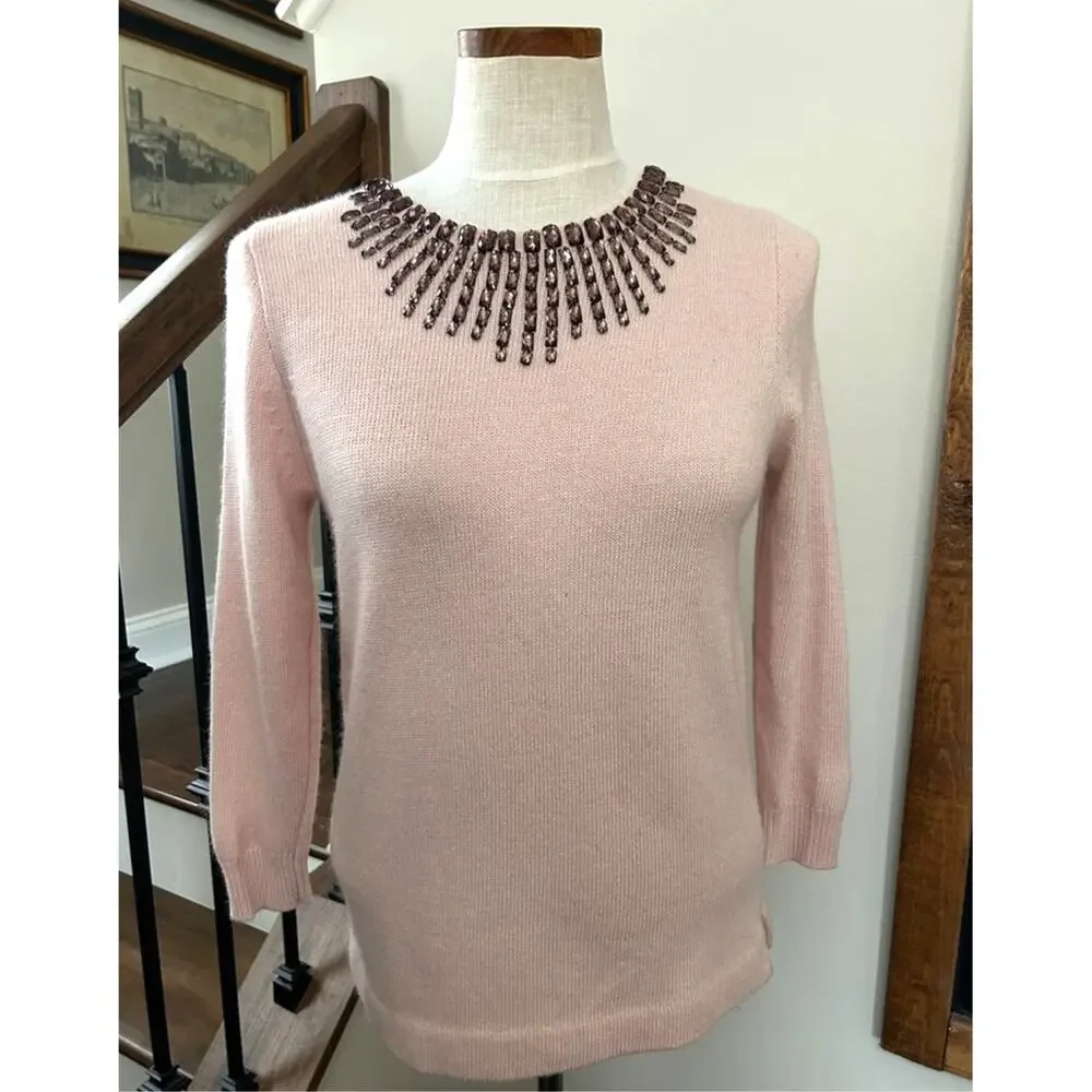 J Crew Starburst Jeweled Collar Sweater XS Blush Pink Wool Rabbit Back Zip 3/4